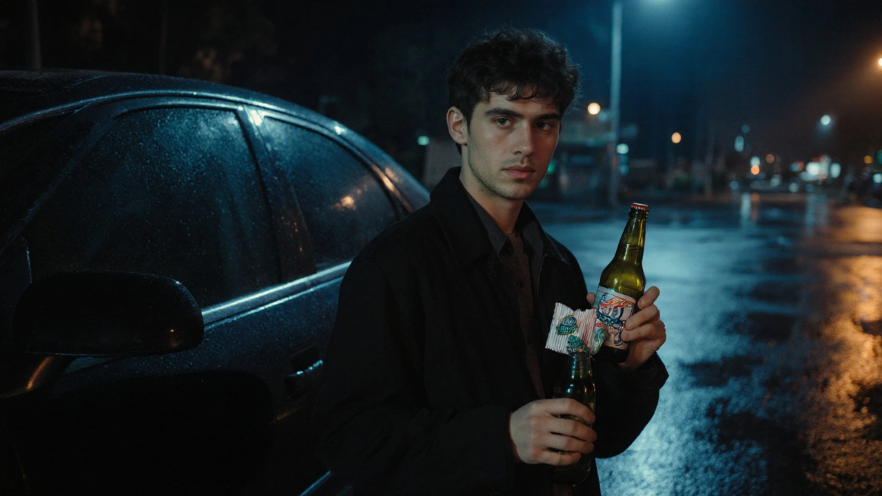 Osoba stojí u aut večer, zmatená, drží obal od gumičky a pivo.