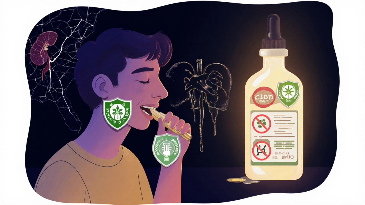 Osoba užívá CBD olej pod jazyk, s ochrannými štíty kolem orgánů, proti špatnému produktu na pozadí.