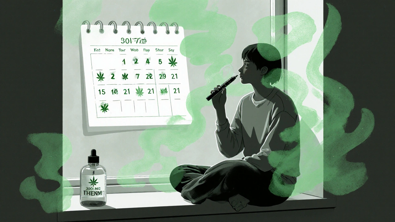 Person gently vaping by a window, green mist rising, calendar showing limited daily puffs.