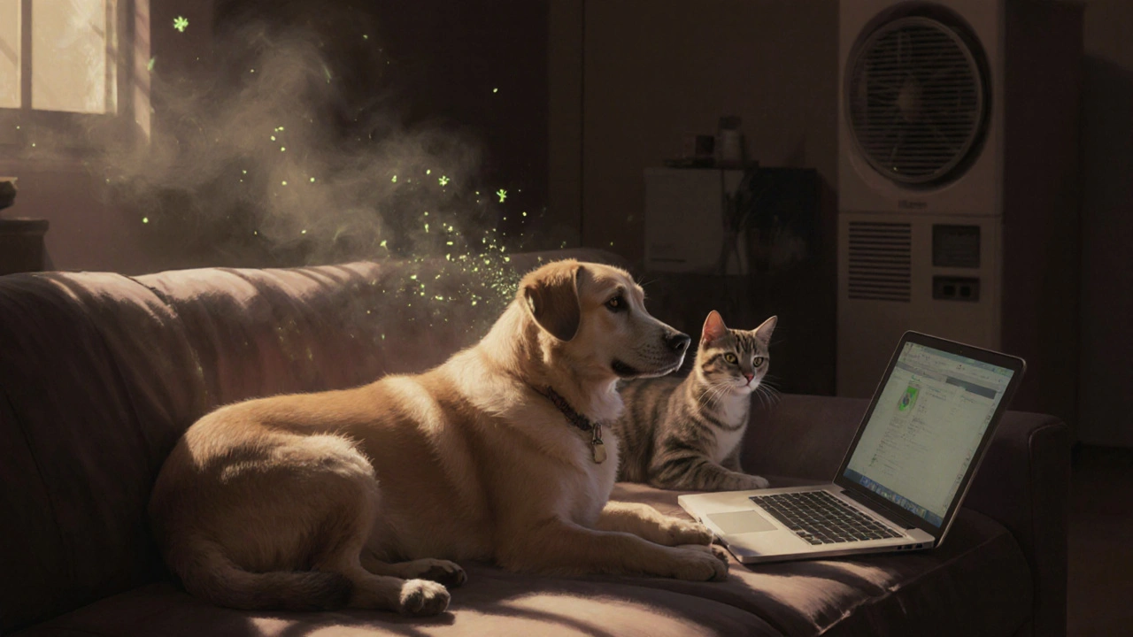 Pes a kočka leží na kanapé, ve vzduchu se vznáší jemná mlha, na jejich srsti a obrazovce počítače se usazují částice THC.