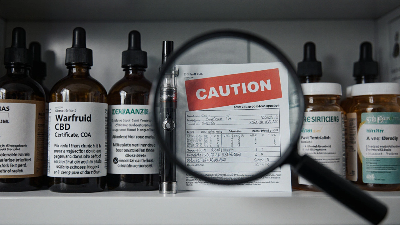 Police s CBD vypínači vedle léků na krevní tlak a depresi, s upozorněním a certifikátem analýzy.