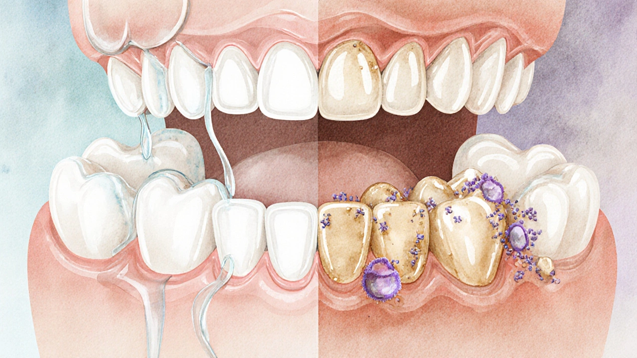 Porovnání zdravých zubů s vodou a poškozených zubů s zbytky vape tekutiny a bakteriemi.