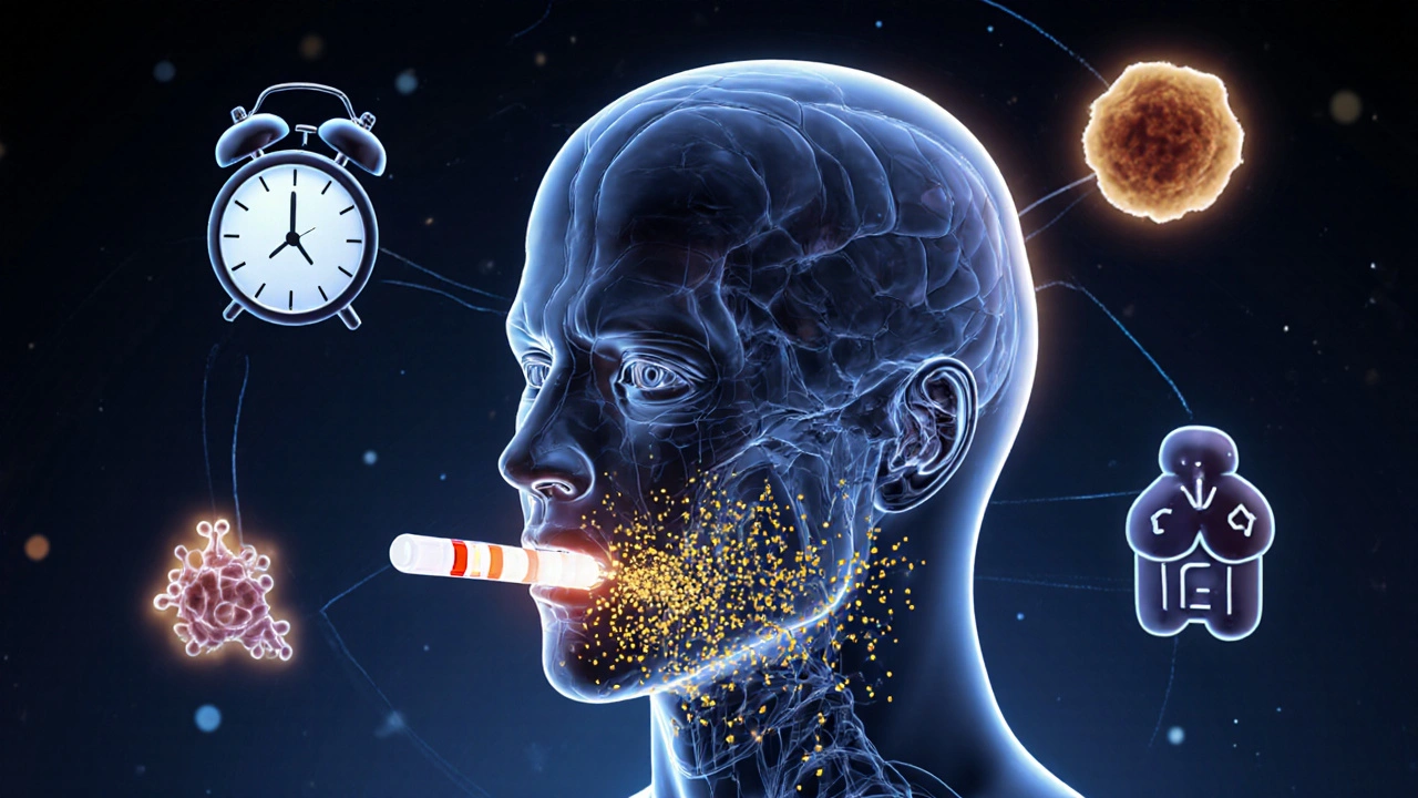 Přehled lidské hlavy s zlatými metabolity vystupujícími z úst do testovacího proužku.