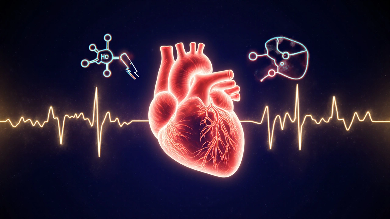Průhledné srdce s pulzy a molekulami HHC a THC v pozadí.
