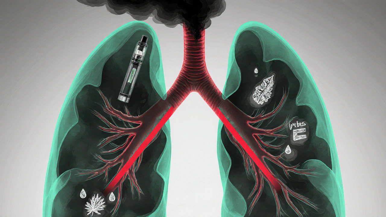 Průhledný pohled na plíce s kouřem z vypínače a skrytými nečistotami jako těžké kovy a vitamin E acetát.