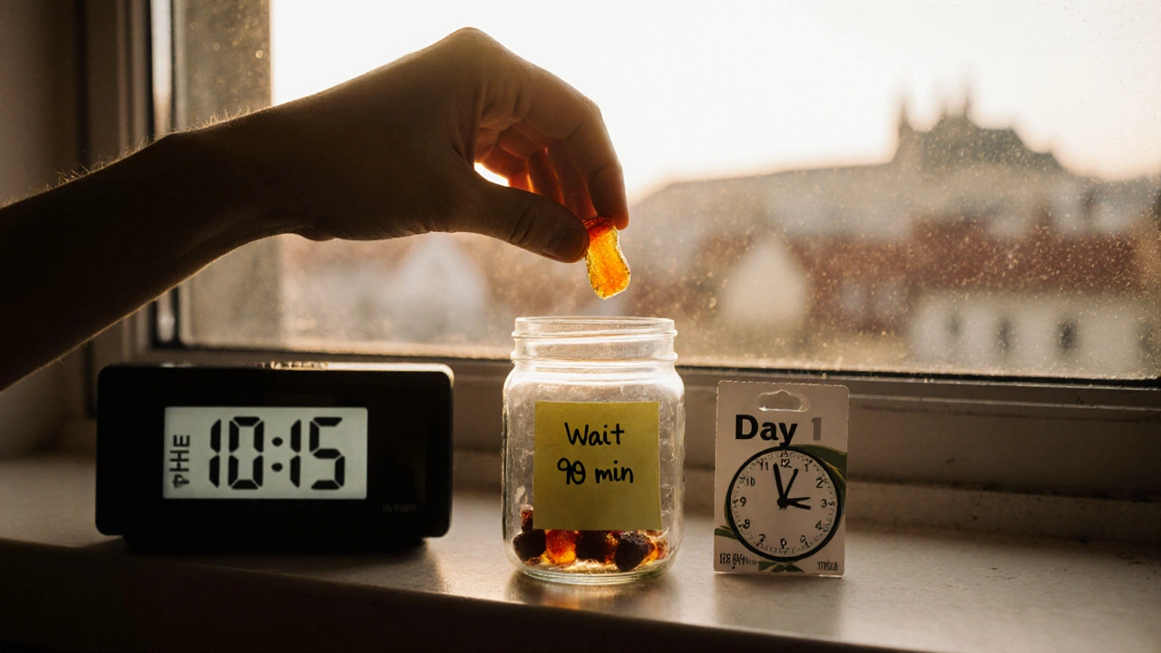 Půlka gumičky uložená v skleněné nádobce s označením &#039;Den 1&#039; na okně.