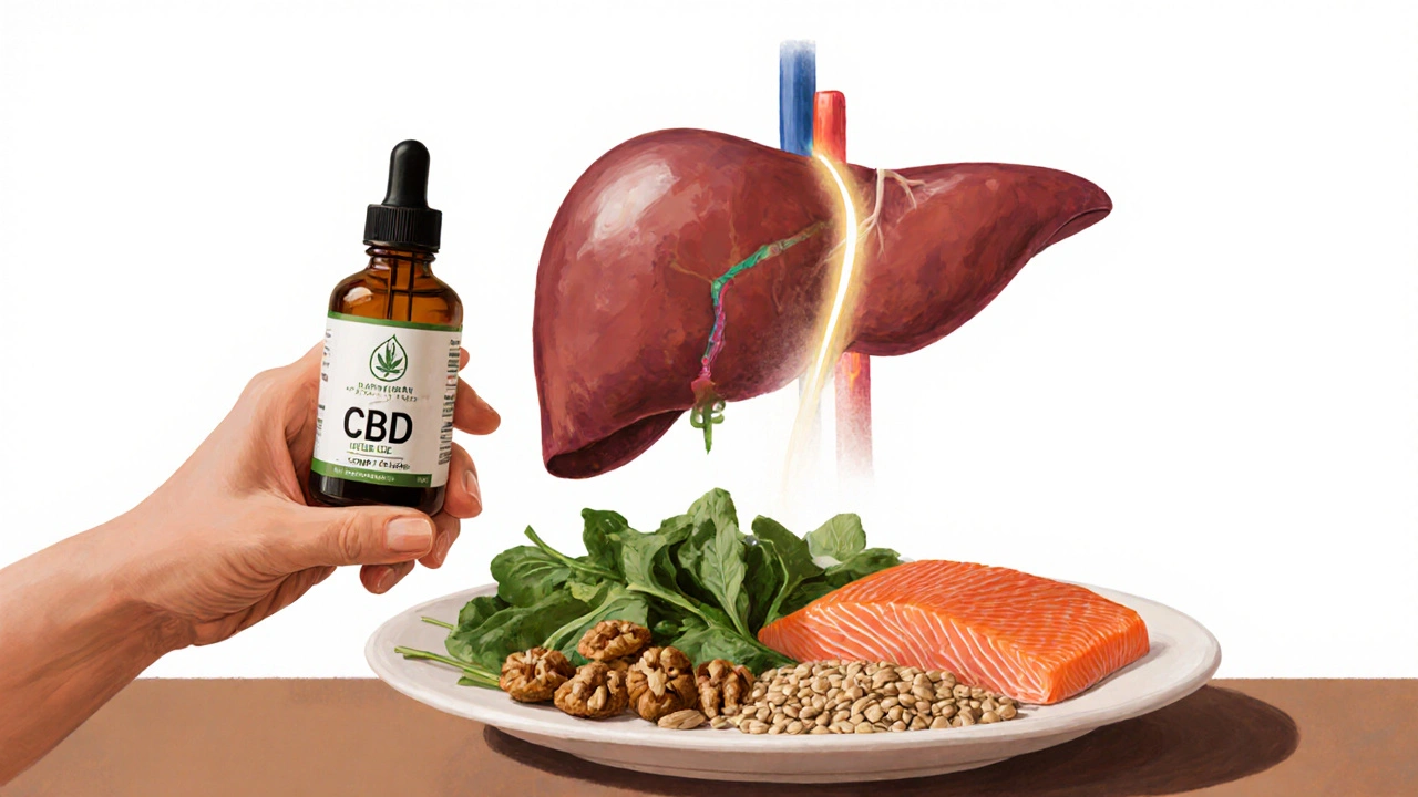 Ruce drží CBD olej vedle zdravé stravy pro podporu jater