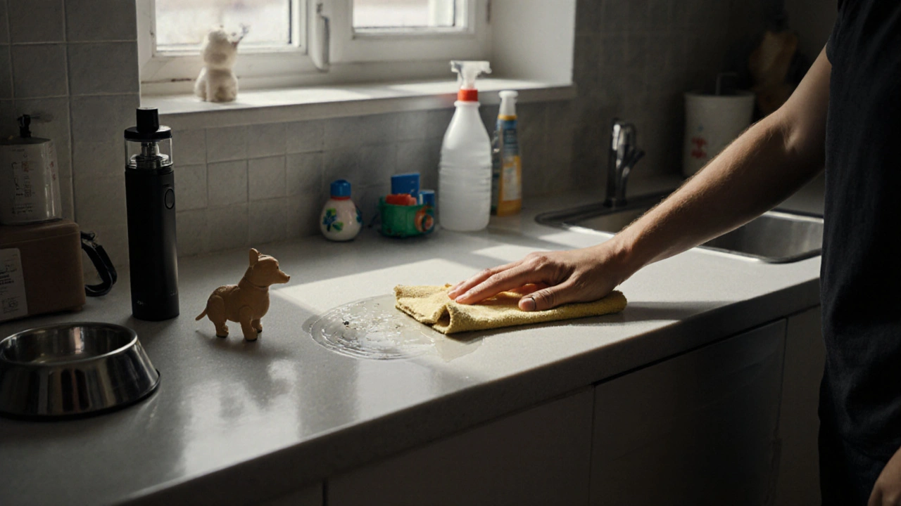 Ruka otírá mokrým hadříkem kuchyňský stůl, na kterém je vidět olejovitá vrstva, vedle stojí vaping zařízení a hračka dítěte.