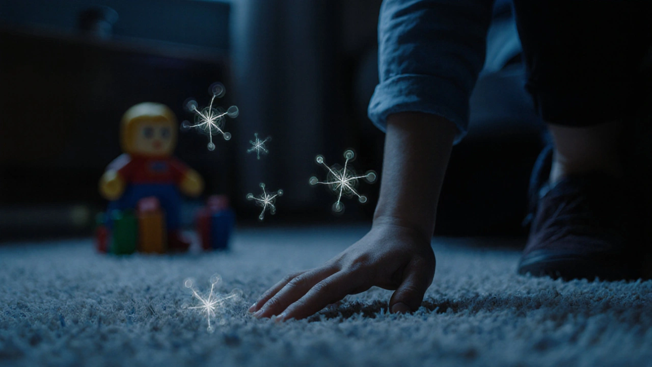 Ruka se dotýká koberece, kde se uvolňují stopy THC po vapingu.