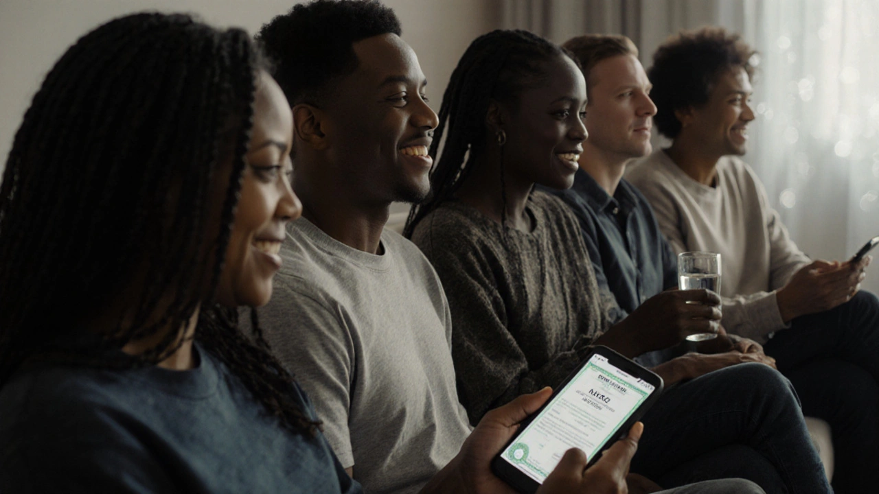 Skupina lidí v klidném prostředí zažívající mírný euforický účinek HHC, jedna drží sklenici vody.