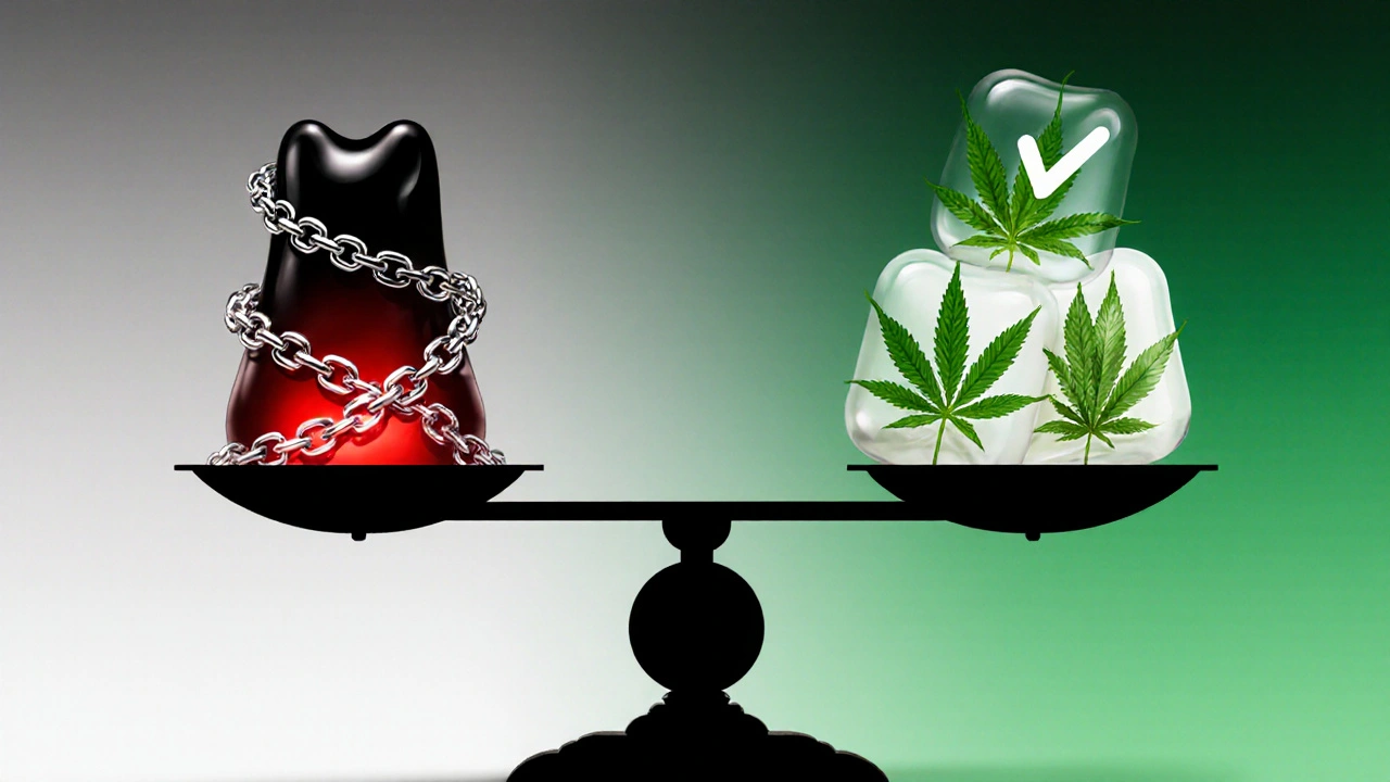 Split balance showing illegal THC gummy versus legal CBD gummies with symbols.