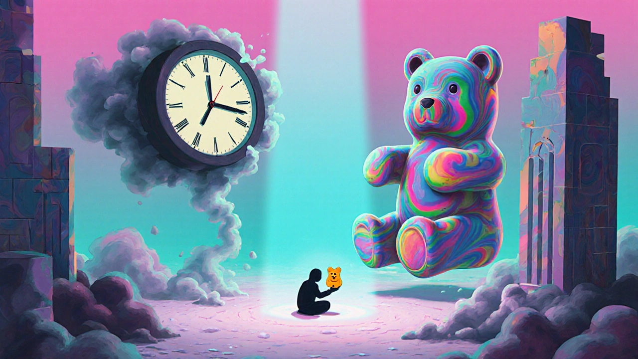 Surreální vnitřní scéna s deformačními stěnami a obřími gumičkami, postava je malá uprostřed.