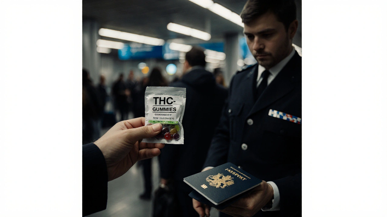 Tourist being stopped by customs officer at UK airport with THC gummy package.