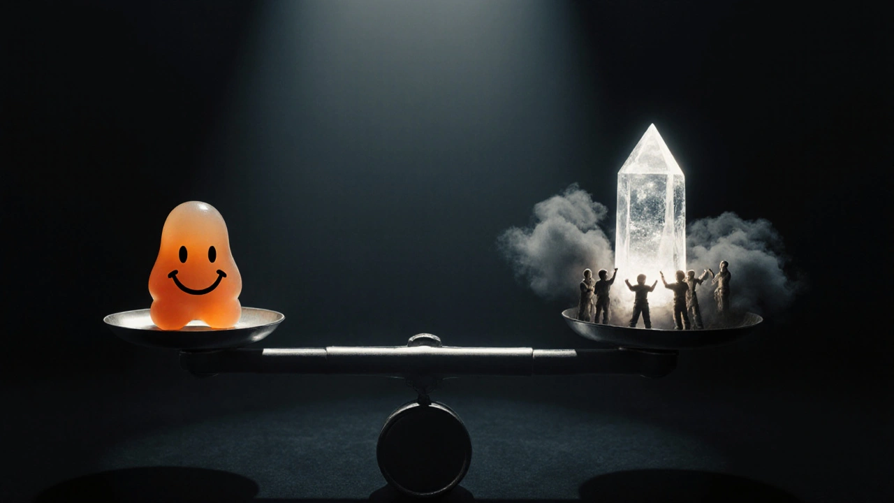 Váha s HHC gumičkou a THCP krystalem, jeden straně klid, druhé straně chaos a úžas.