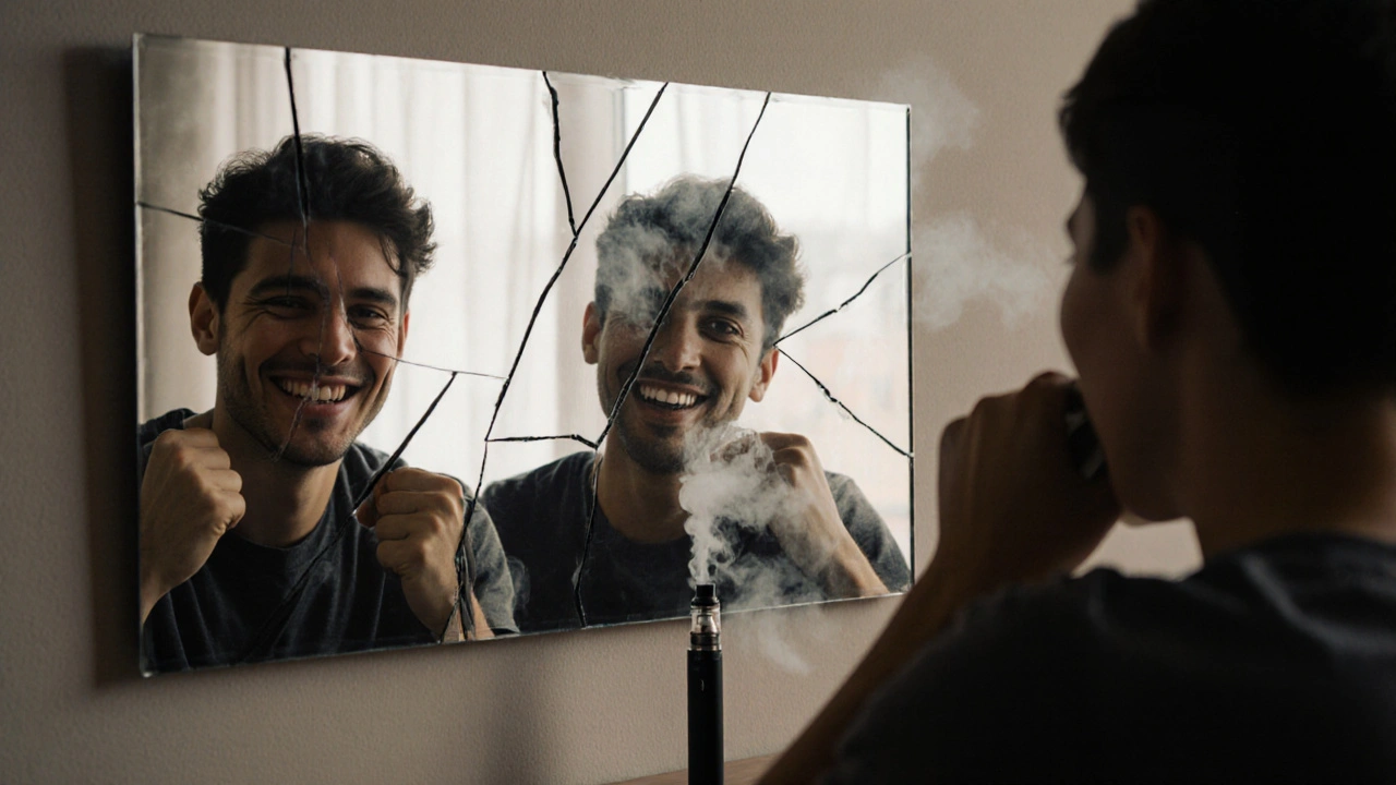 Zlomené zrcadlo ukazující tři různé verze člověka spojené výpary z vape.