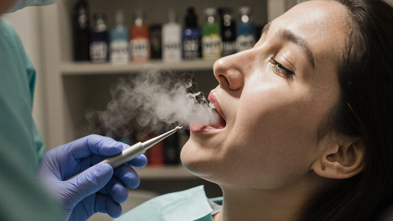 Zubní lékař prošetřuje pacienta, kde z úst stoupá vůně vape, na pozadí jsou zařízení pro vaping.