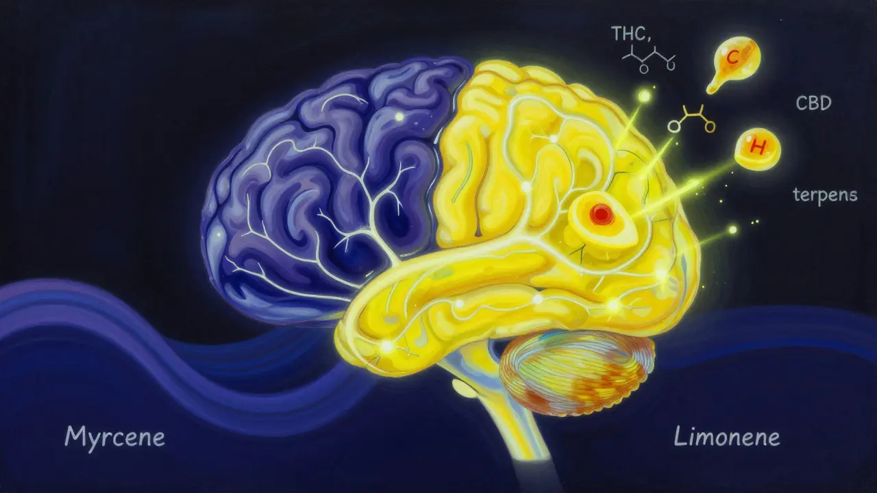 Abstraktní obraz lidského mozku s různě barevnými chemickými cestami a terpeny.