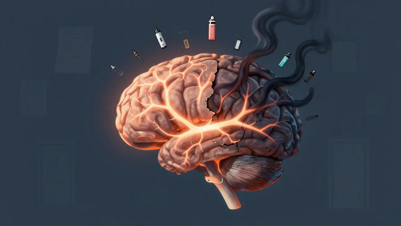 Abstraktní obraz mozku s výpary THC rušícími neuronové spojení a plavajícími vepřovacími zařízeními.