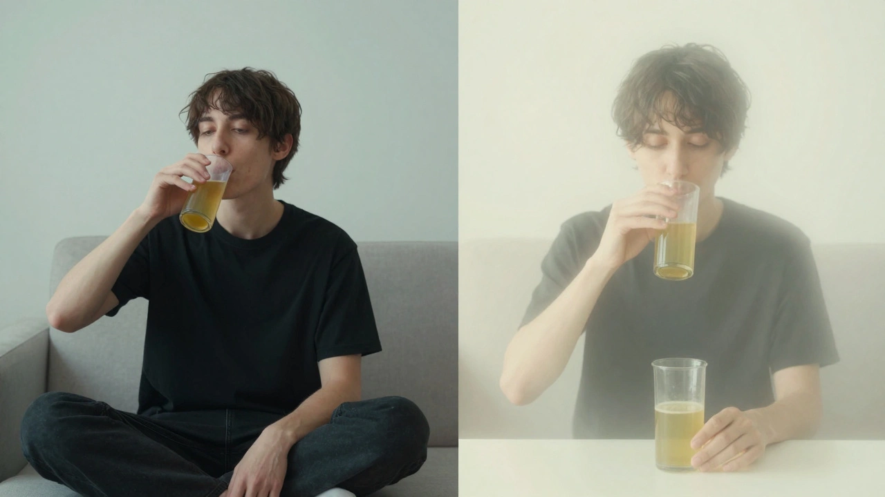 Člověk pije surovou šťávu vlevo, stejný člověk s efektem THC vpravo.