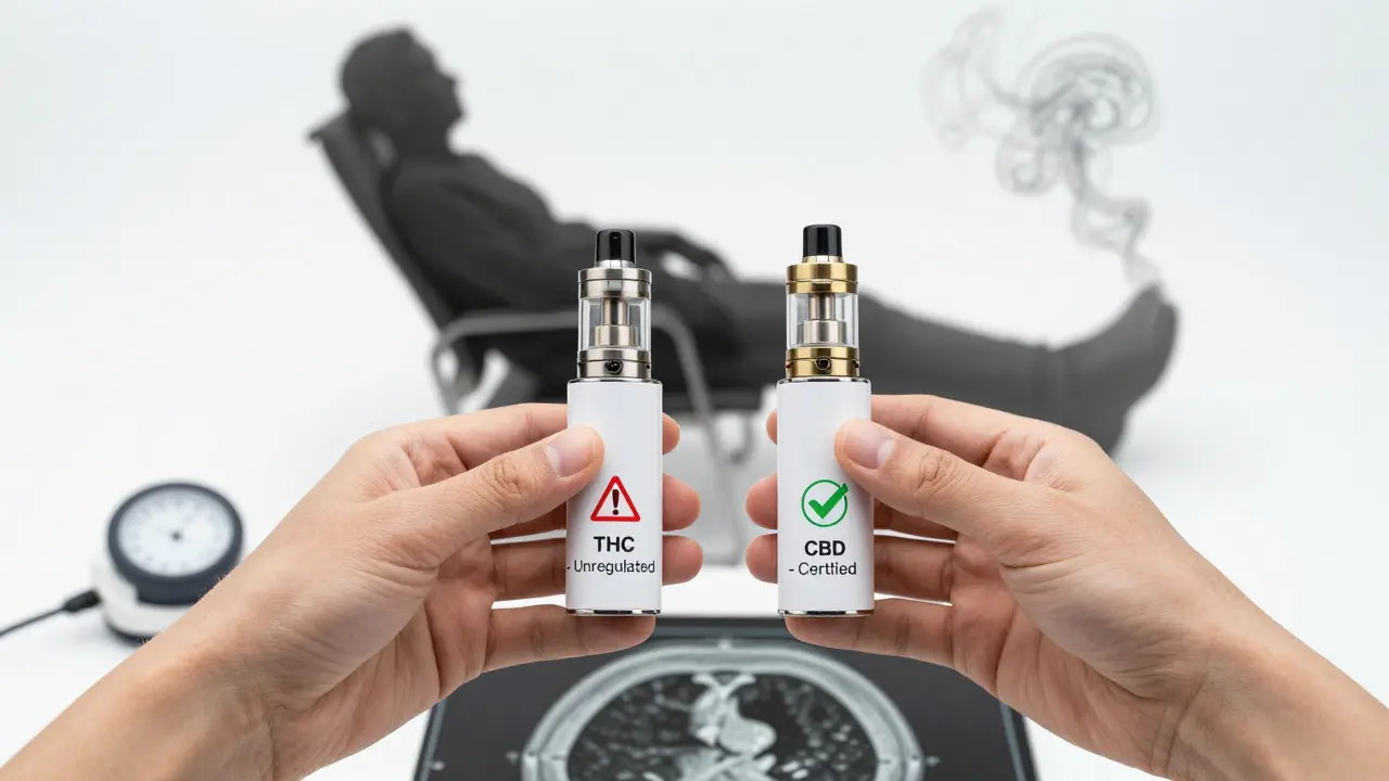 Dva vape za sebou: nelegální THC a certifikované CBD, stín člověka se vypařuje.