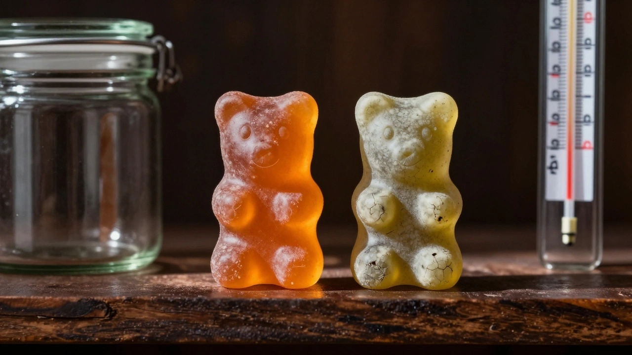 Dvě gumičky — jedna čerstvá, jedna stará — vedle chladící skleněné nádoby.