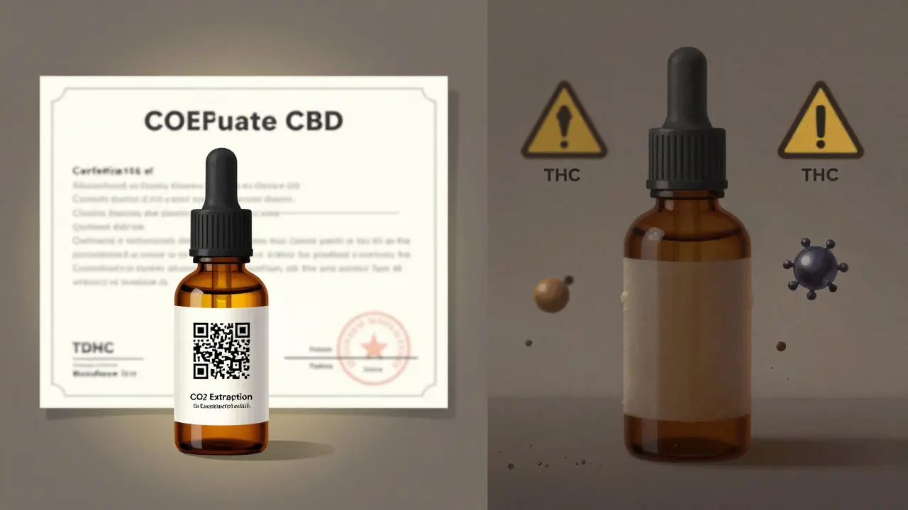 Dvě láhve CBD oleje: kvalitní s certifikátem a kontaminovaná s nečistotami.