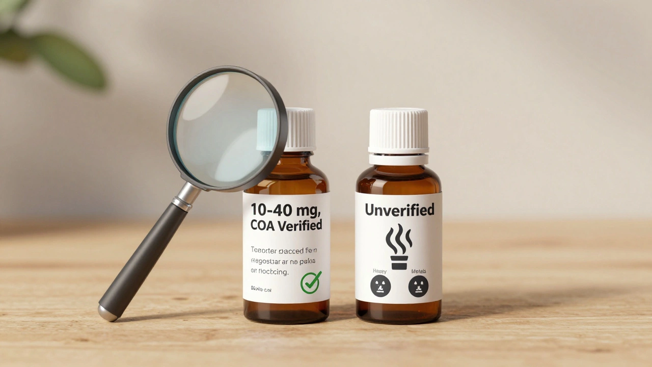 Dvě lahvičky CBD: jedna s ověřenou kvalitou, druhá s nečistotami na pozadí.