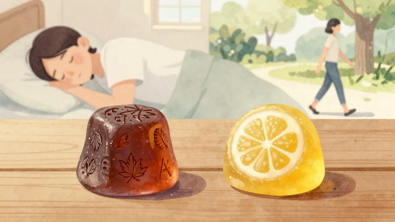 Dvě THC gumičky na stole s různými terpenovými symboly, jedna tmavá a uvolňující, druhá světlá a energizující.