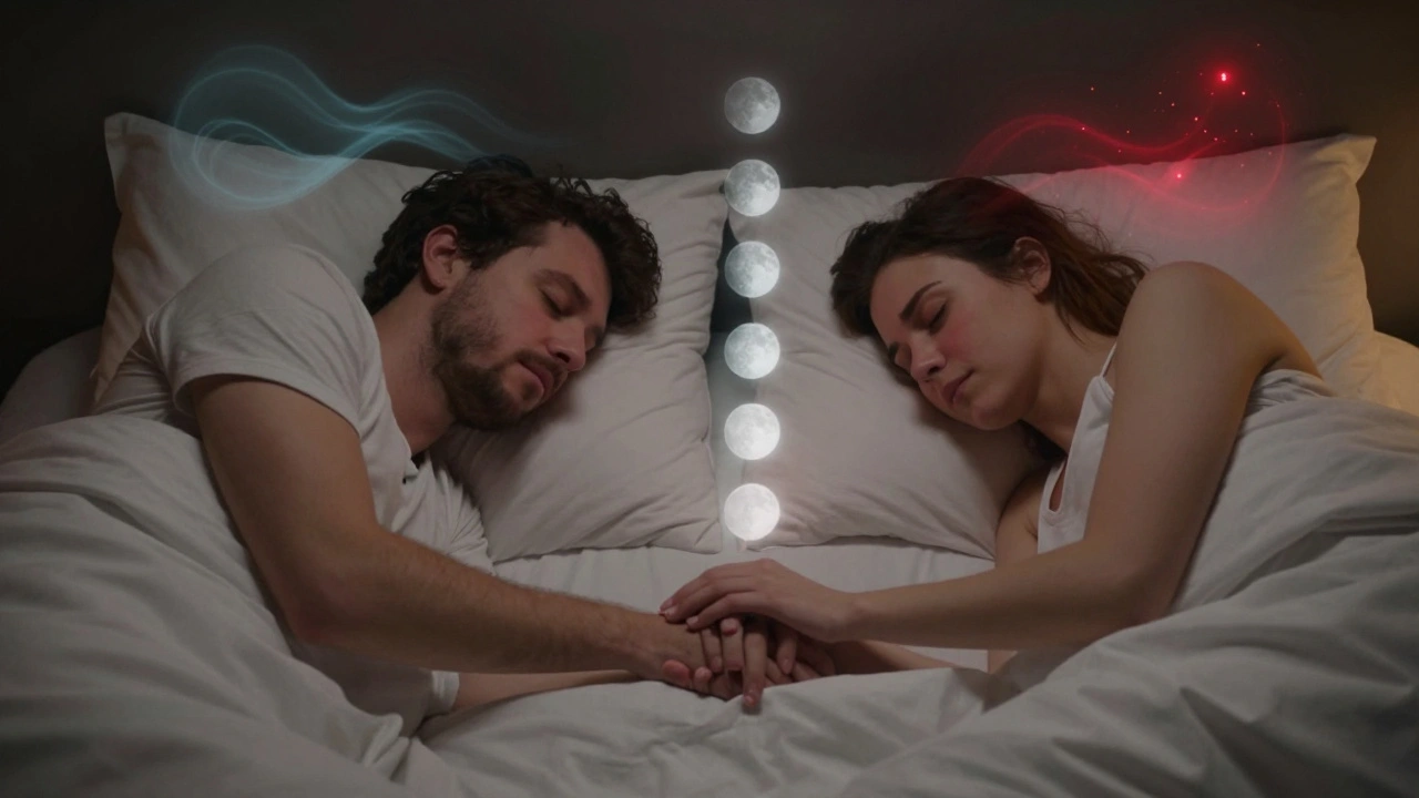 Dvojice v posteli, tiše se dotýkající, s abstraktními symboly klidu a odpočinku kolem nich.