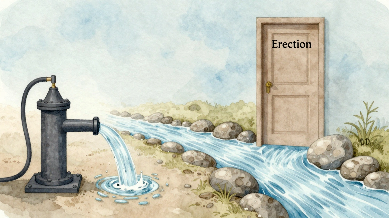 Ilustrace porovnávající mechanické čerpadlo a přirozený tok vody jako symboly různých přístupů k erekci.