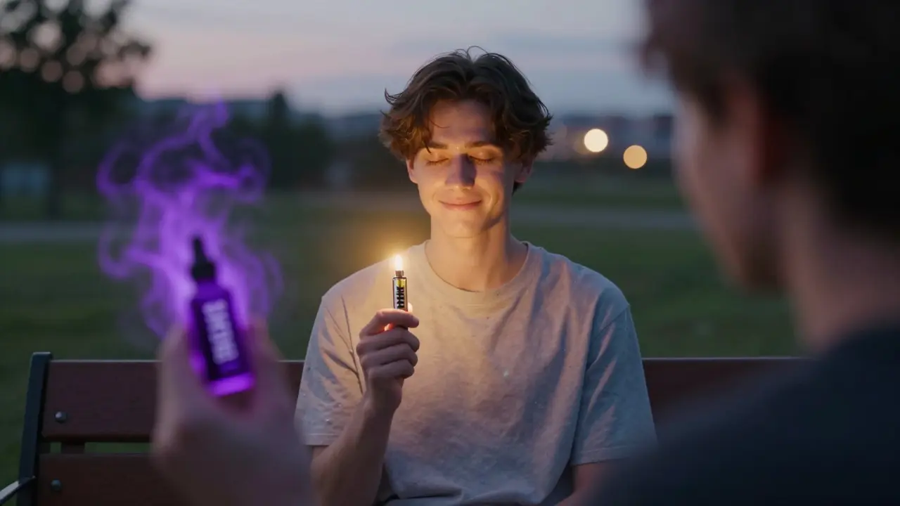 Klidná osoba s HHC vape za soumraku, kolem ní jemné zlaté světlo, pozadí s městským osvětlením.