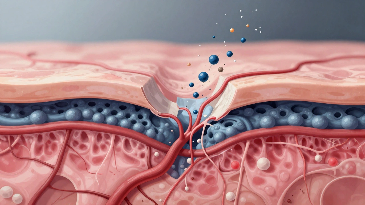 Křížový řez kůže s ničenými kolagenovými vlákny a stísněnými krevními cévami.