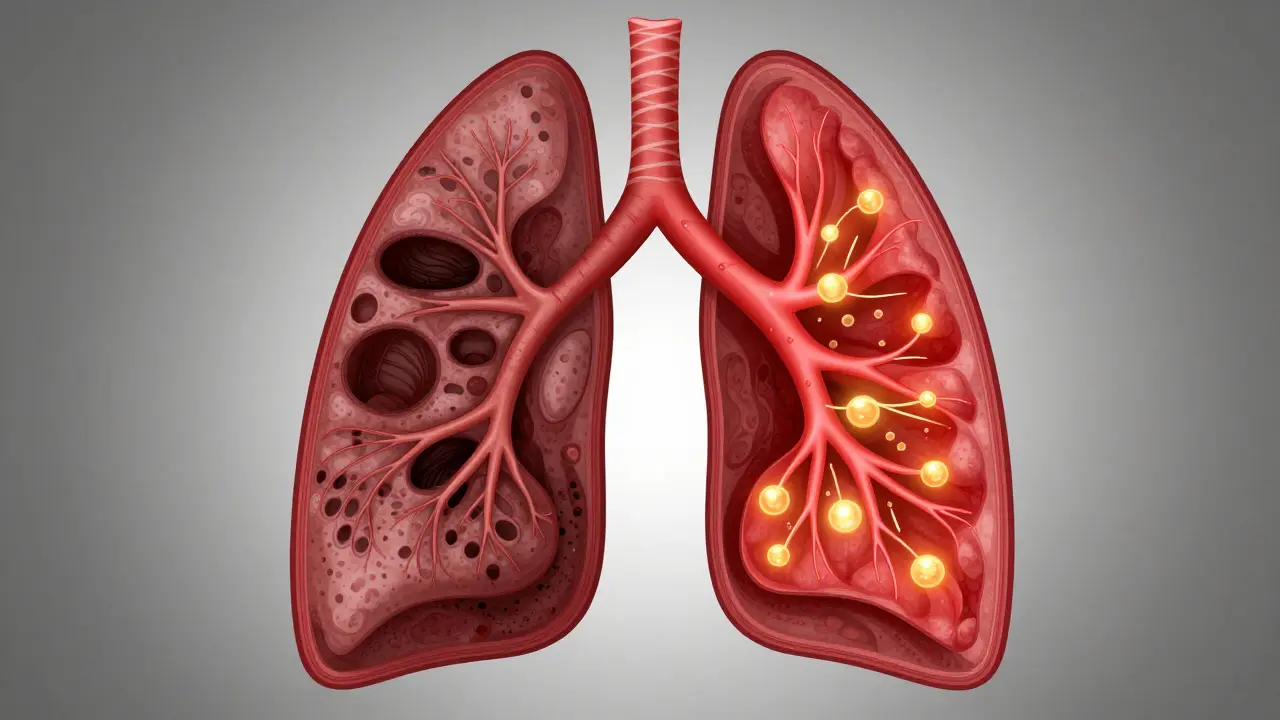 Křížový řez plic: poškozené tkáně na jedné straně, zdravé a obnovující se na druhé.