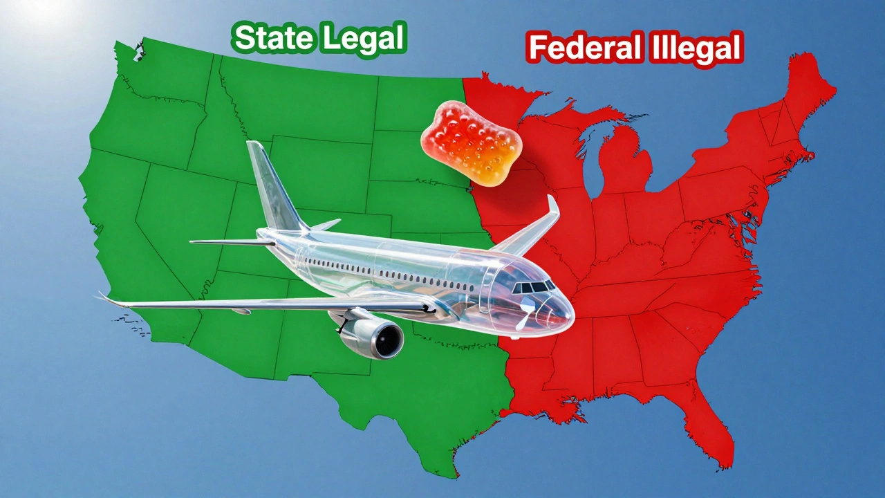 Letadlo nad mapou USA s rozdílnými právními zónami pro Delta 8.
