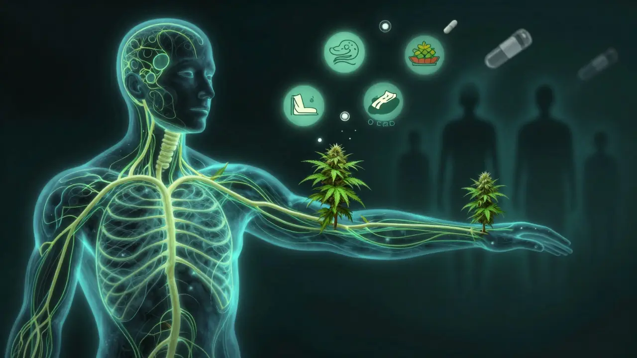 Lidský nervový systém v interakci s konopnými vlákny, symbolizující rovnováhu endokanabinoidního systému.