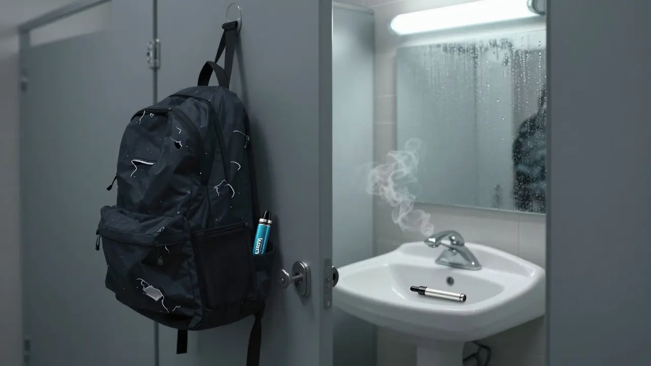 Malé vepřovací zařízení na umyvadle ve školní záchodce s jemným výparem a skrytou náplní v batohu.