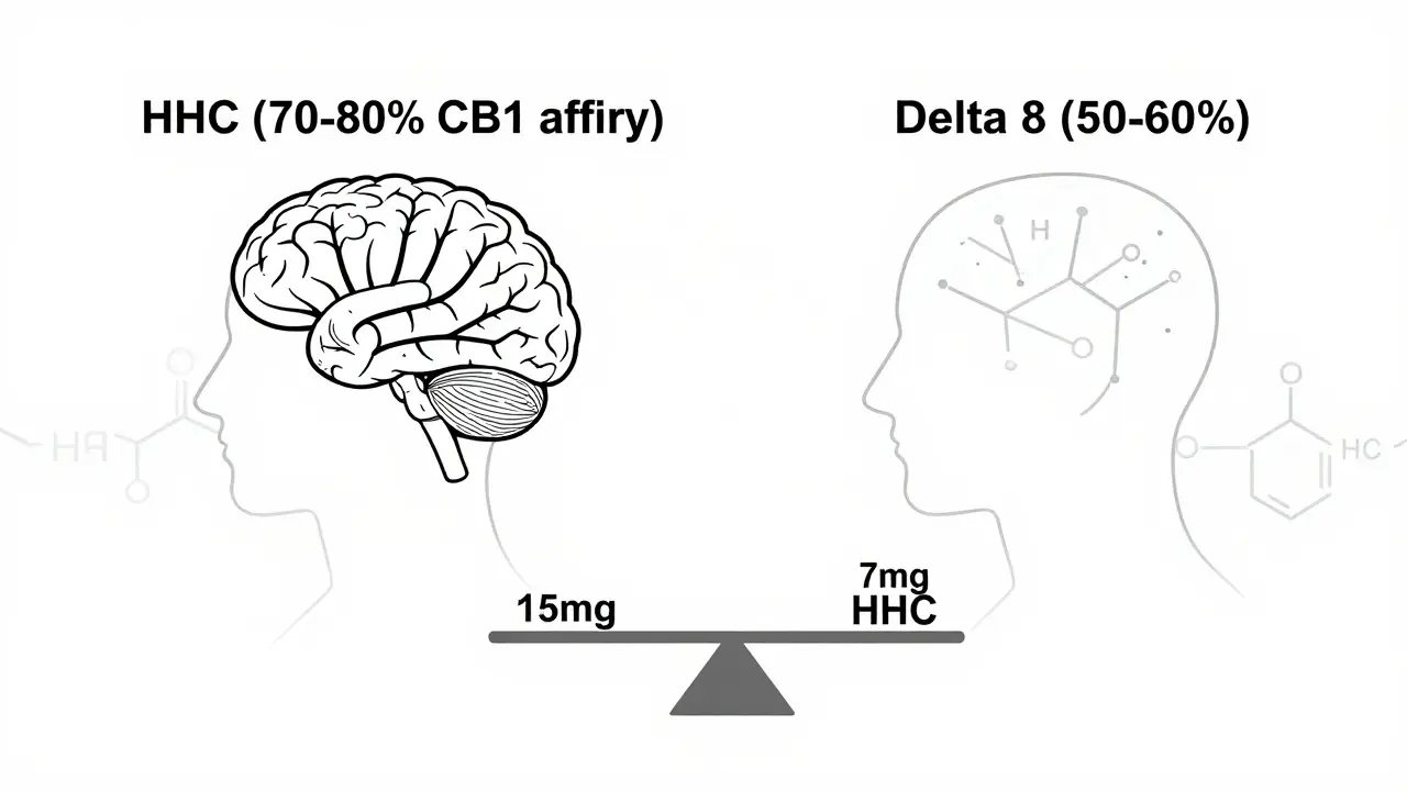 Minimální ilustrace mozku s porovnáním vazebné affinity HHC a delta 8.