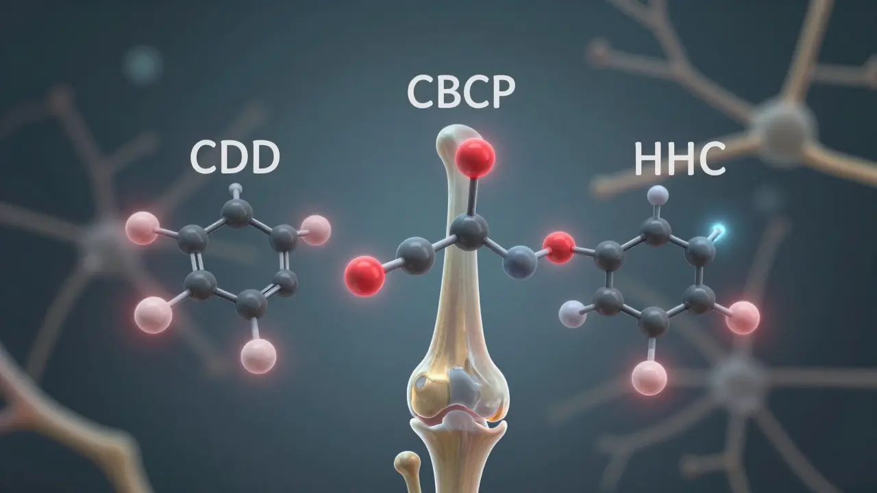 Molekulární reprezentace CBD, THCP a HHC působících na kloub s potlačeným zánětem.