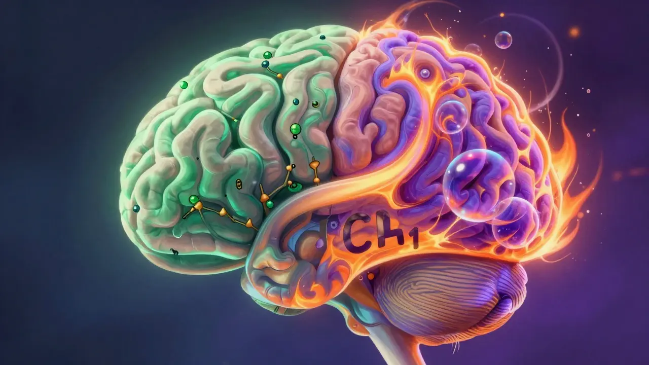 Mozek s dvěma cestami: jedna klidná zelená, druhá intenzivní fialová a oranžová, symbolizující různé účinky.