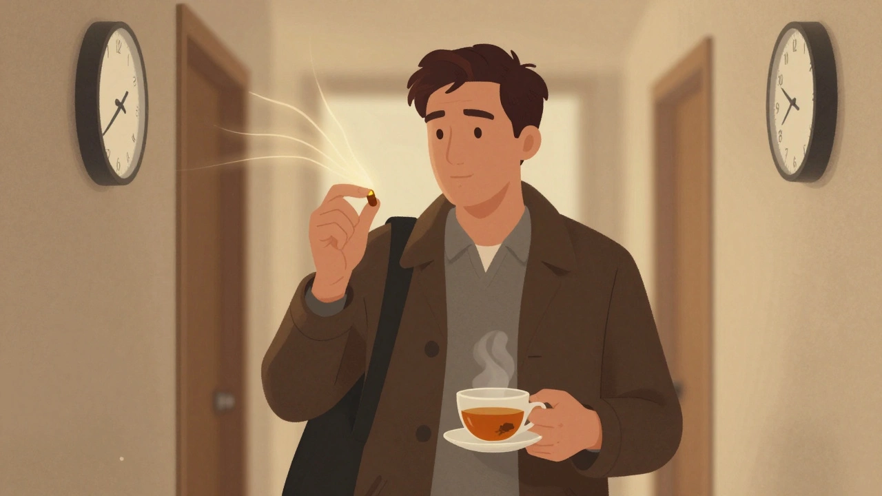 Muž večer užívá CBD kapsli a pije bylinný čaj v chodbě.