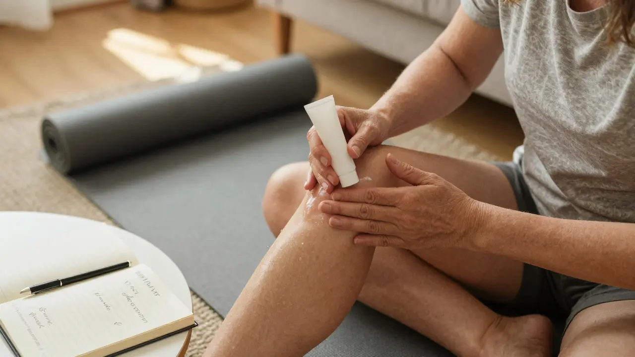Osoba aplikuje CBD gelem na koleno ve světlem bytě, vedle ní jsou poznámky o bolesti a spánku.