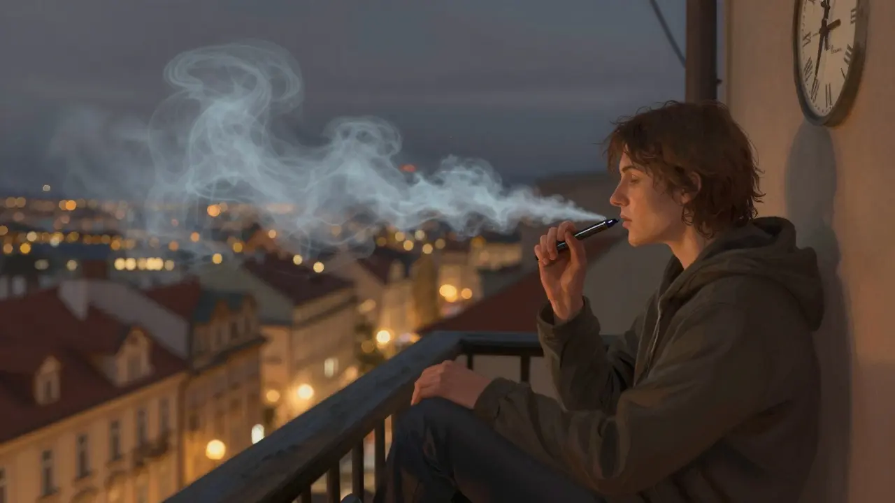 Osoba na balkóně večer s vape penem, který vydává různé mlhy HHC a delta 8.