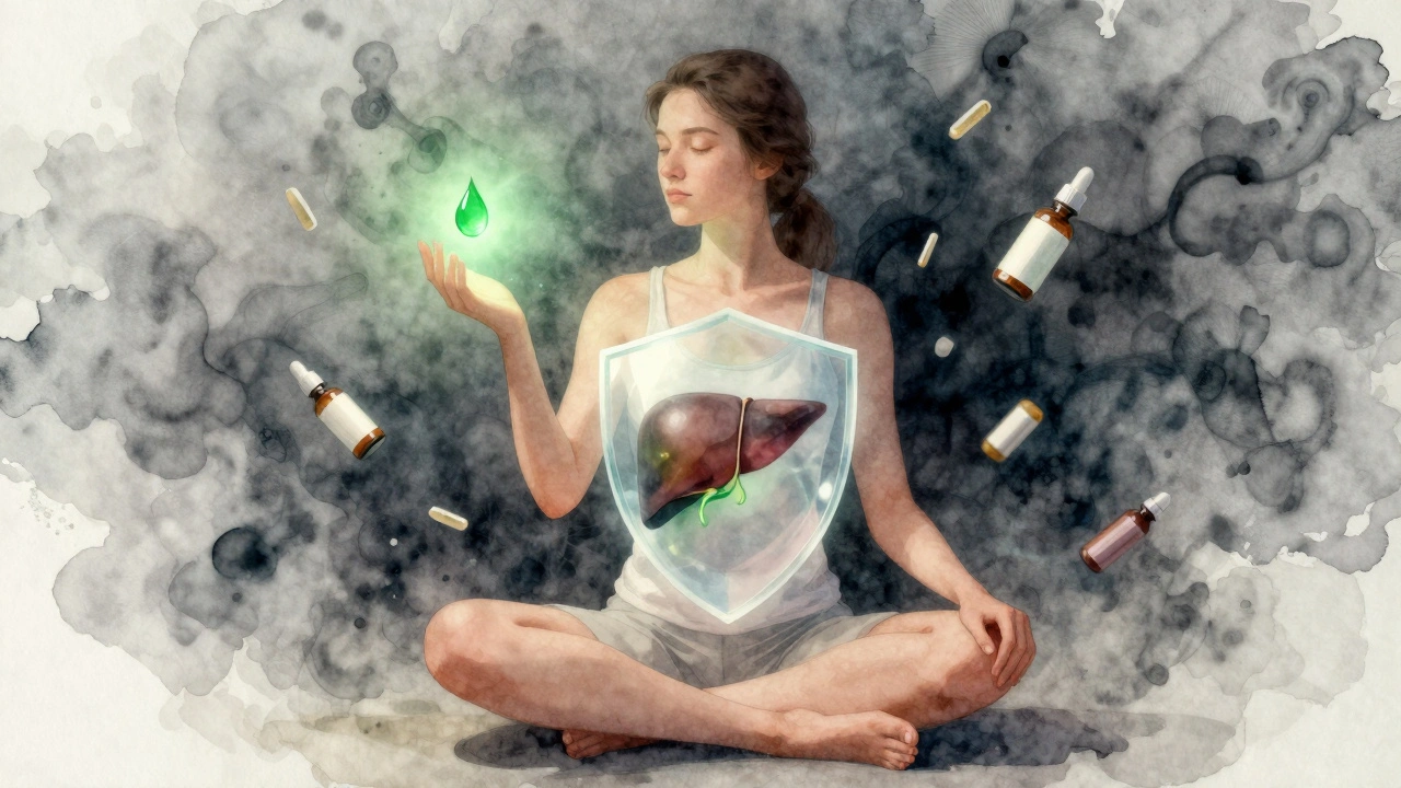 Osoba s ochranným štítem kolem jater, zatímco nečisté produkty mizí ve stínu.