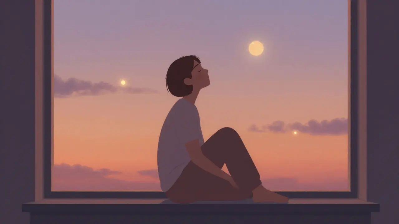 Osoba sedící v klidu u okna v soumraku, obklopena jemnými světelnými koulemi.