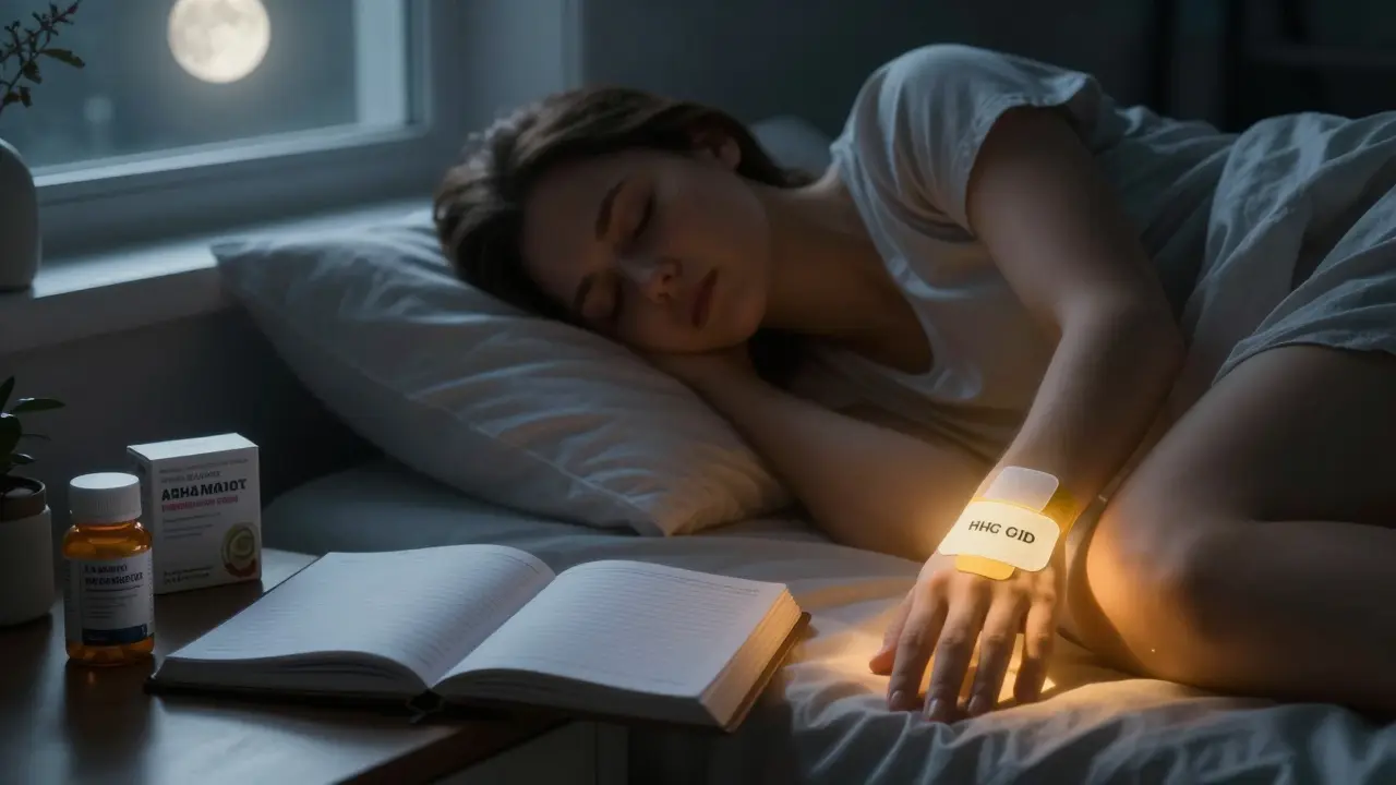 Osoba spí v klidu s aplikovanými plasty HHC a CBD, měsíční světlo a deník na nočním stolku.