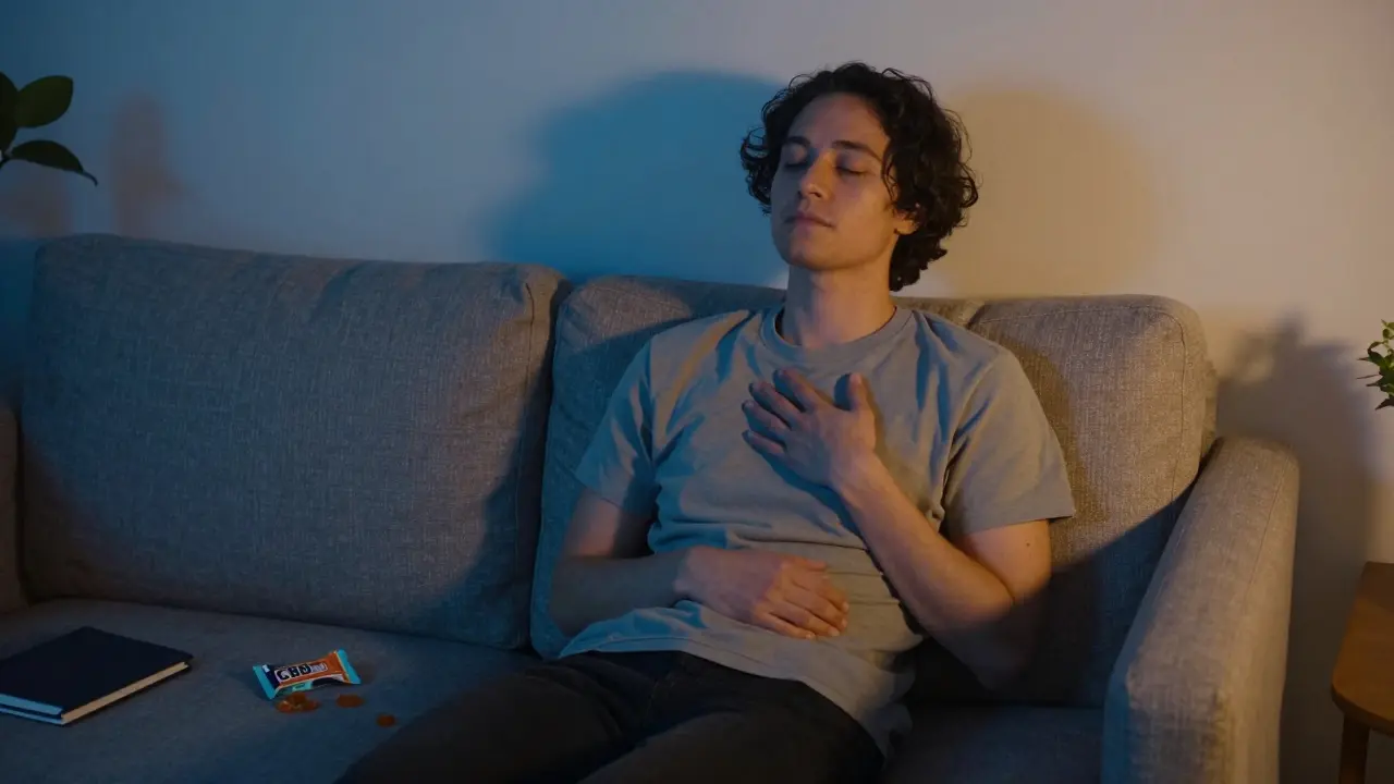 Osoba v klidu na sofě ve večerním světle, oči zavřené, uvolněná.