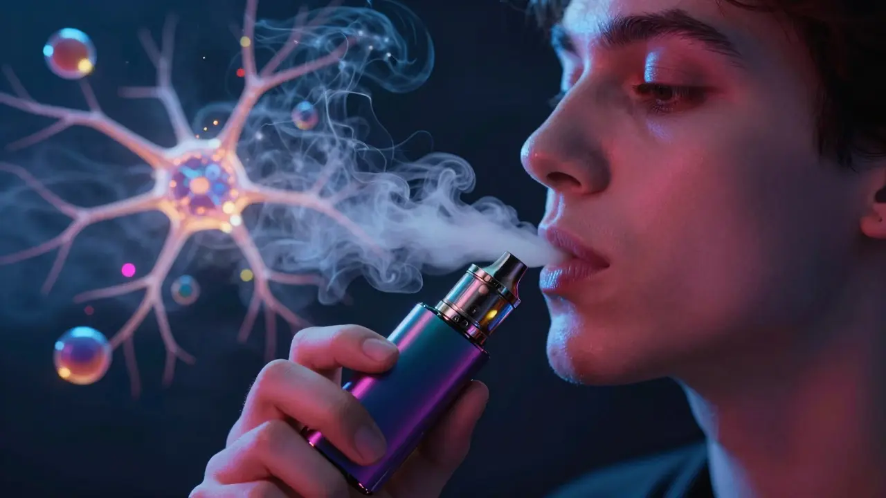 Osoba vdechující z vape, kde kouř tvoří tvar neuronů a synapsí v ovzduší.