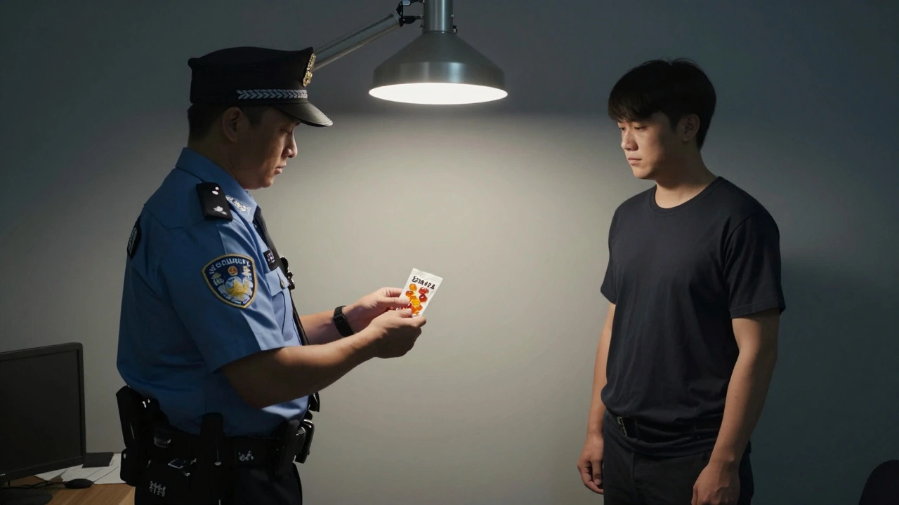 Policejní úředník drží balíček gumiček při kontrole na letišti.