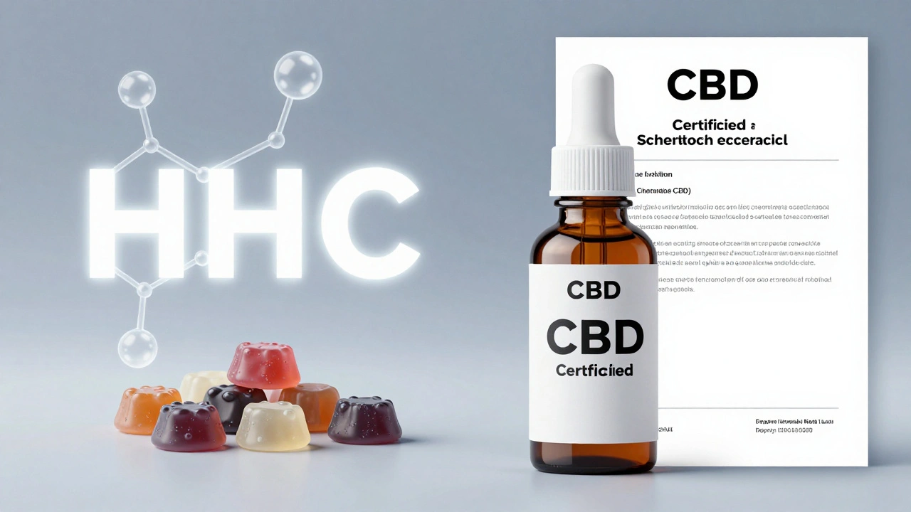 Porovnání neoznačených HHC bonbonů a certifikovaného CBD oleje s laboratorním výsledkem.