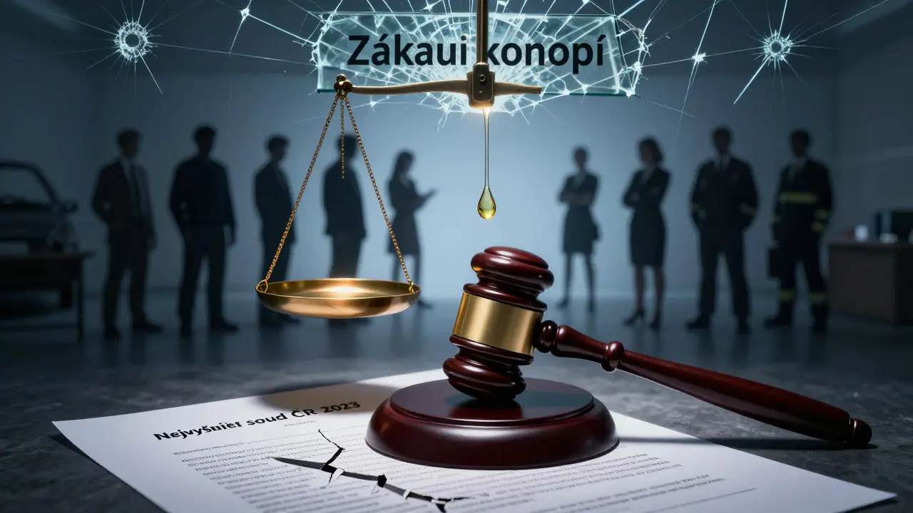 Právní dokument s výrokem soudu a kapka CBD oleje, která převrácí smlouvu o zaměstnání.